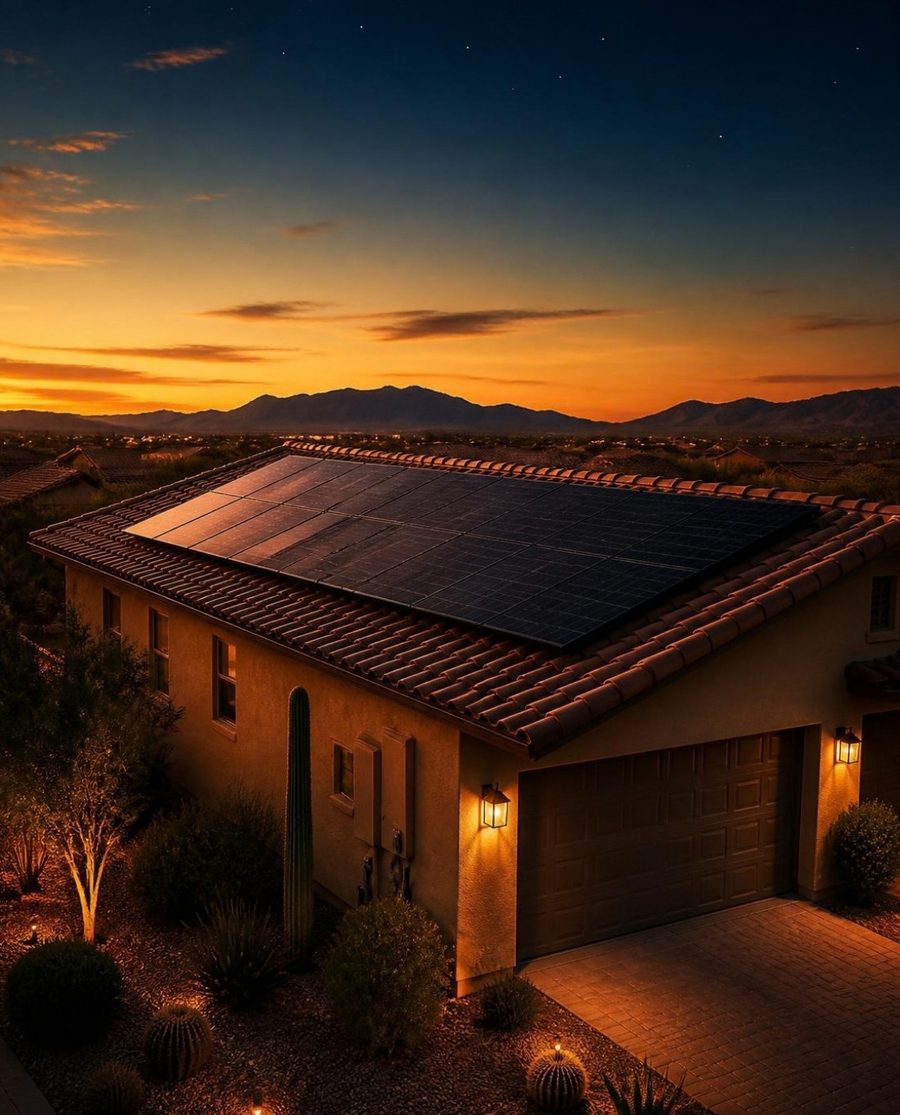 Casa con paneles solares en el techo al atardecer
